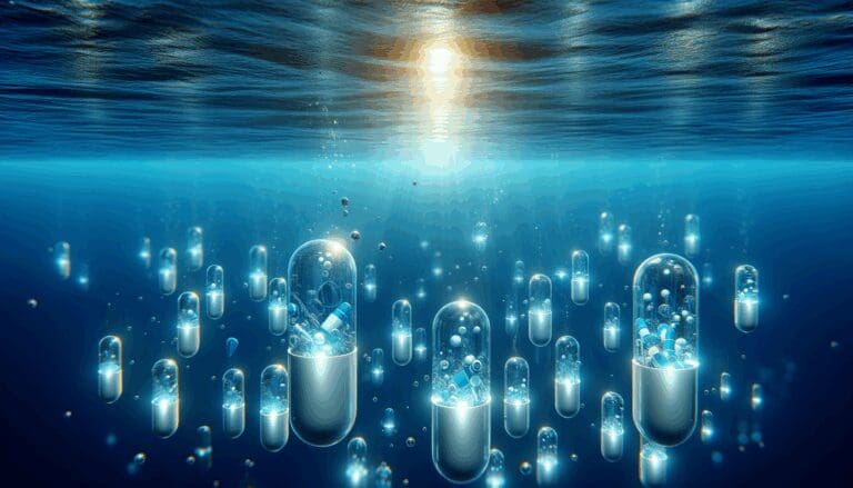 Ilustración conceptual de cápsulas tecnológicas sumergidas en el fondo marino, con luces suaves y agua azul profundo.