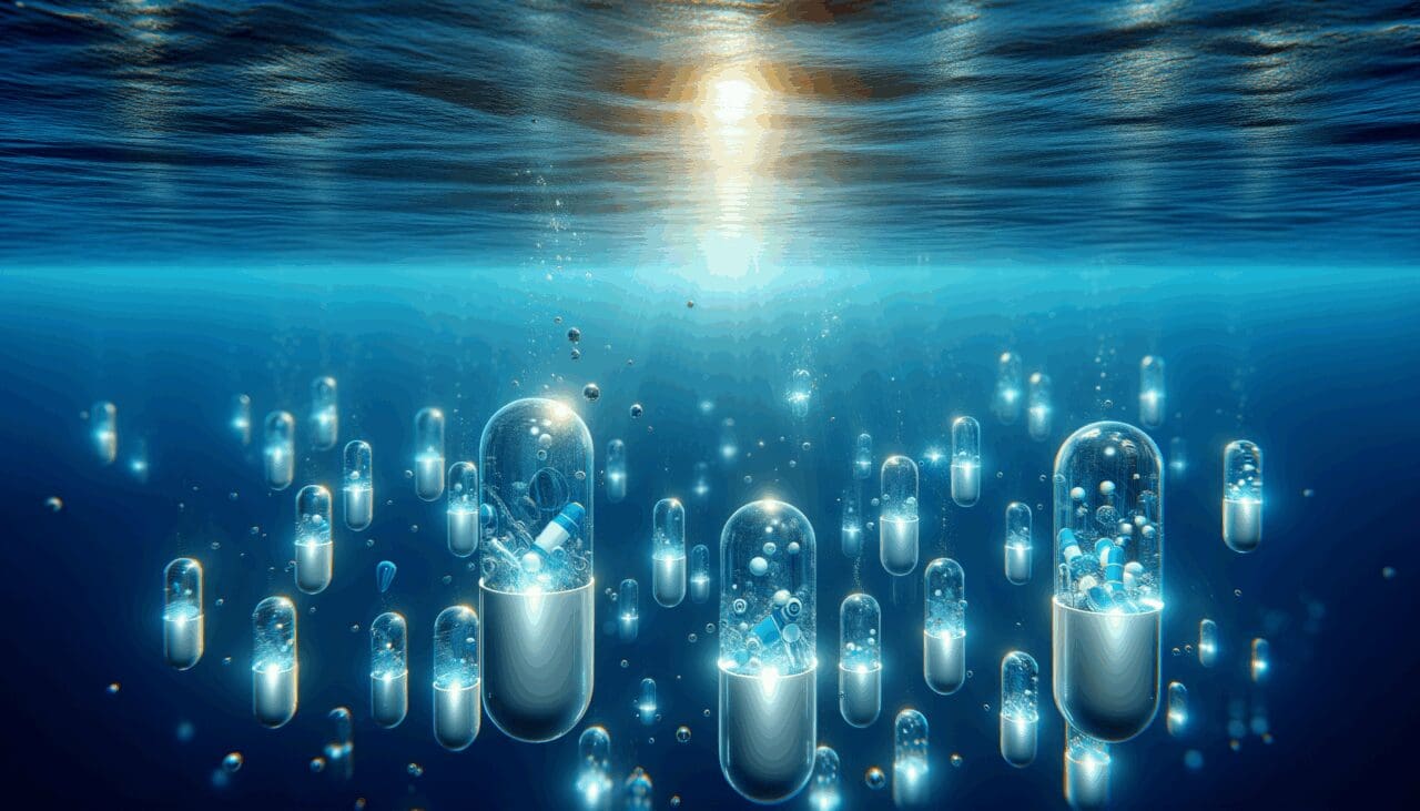 Ilustración conceptual de cápsulas tecnológicas sumergidas en el fondo marino, con luces suaves y agua azul profundo.