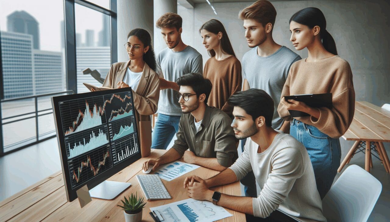 Jóvenes emprendedores mirando juntos pantallas con gráficos financieros en un espacio de coworking moderno.