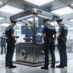 Fotografía editorial de policías revisando equipamiento tecnológico moderno en una sala luminosa.