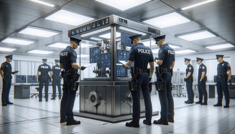 Fotografía editorial de policías revisando equipamiento tecnológico moderno en una sala luminosa.