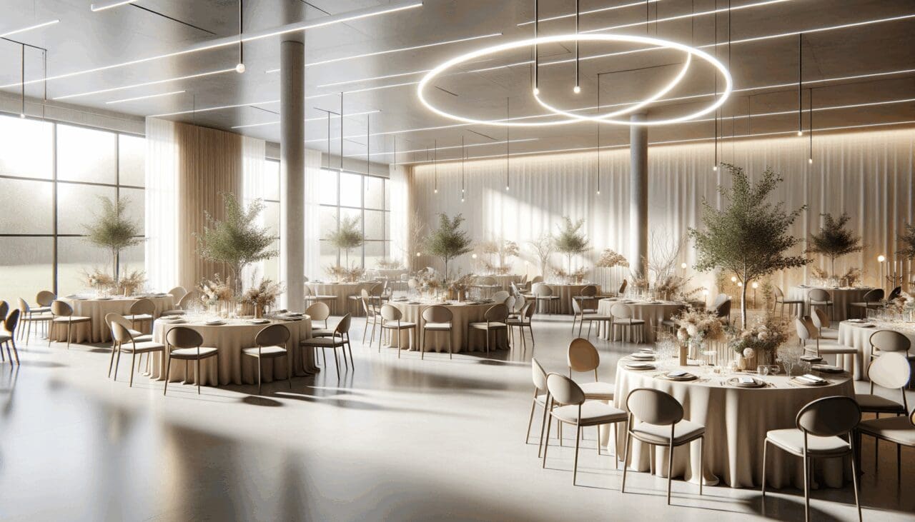 Espacio moderno preparado para evento privado, con mesas decoradas y luz natural.