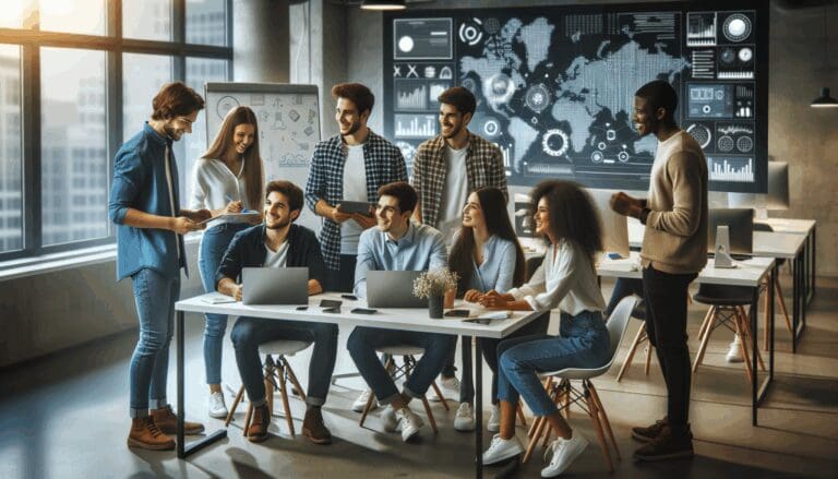 Jóvenes emprendedores colaborando en un espacio de coworking rodeados de pantallas y pizarras tecnológicas.
