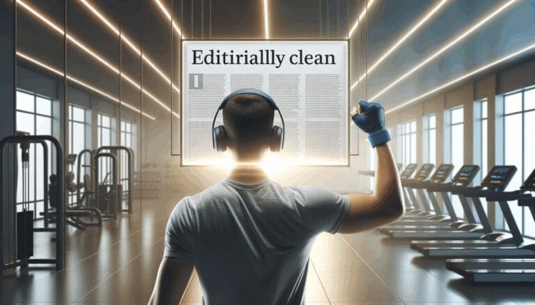 Persona entrenando con auriculares frente a una pantalla digital luminosa, ambiente moderno de gimnasio.