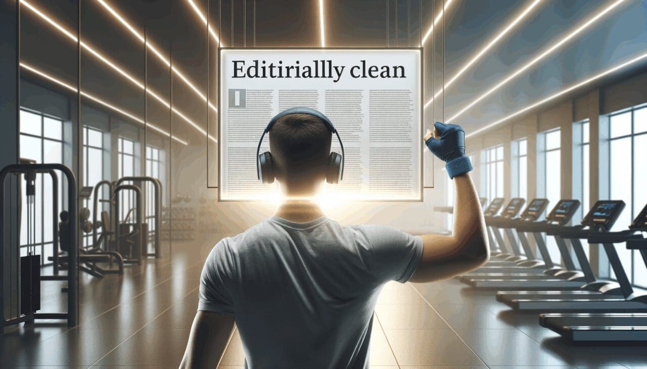 Persona entrenando con auriculares frente a una pantalla digital luminosa, ambiente moderno de gimnasio.