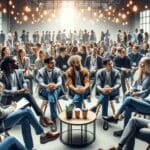 Fotografía de una conferencia de startups con público y emprendedores interactuando en un espacio moderno.