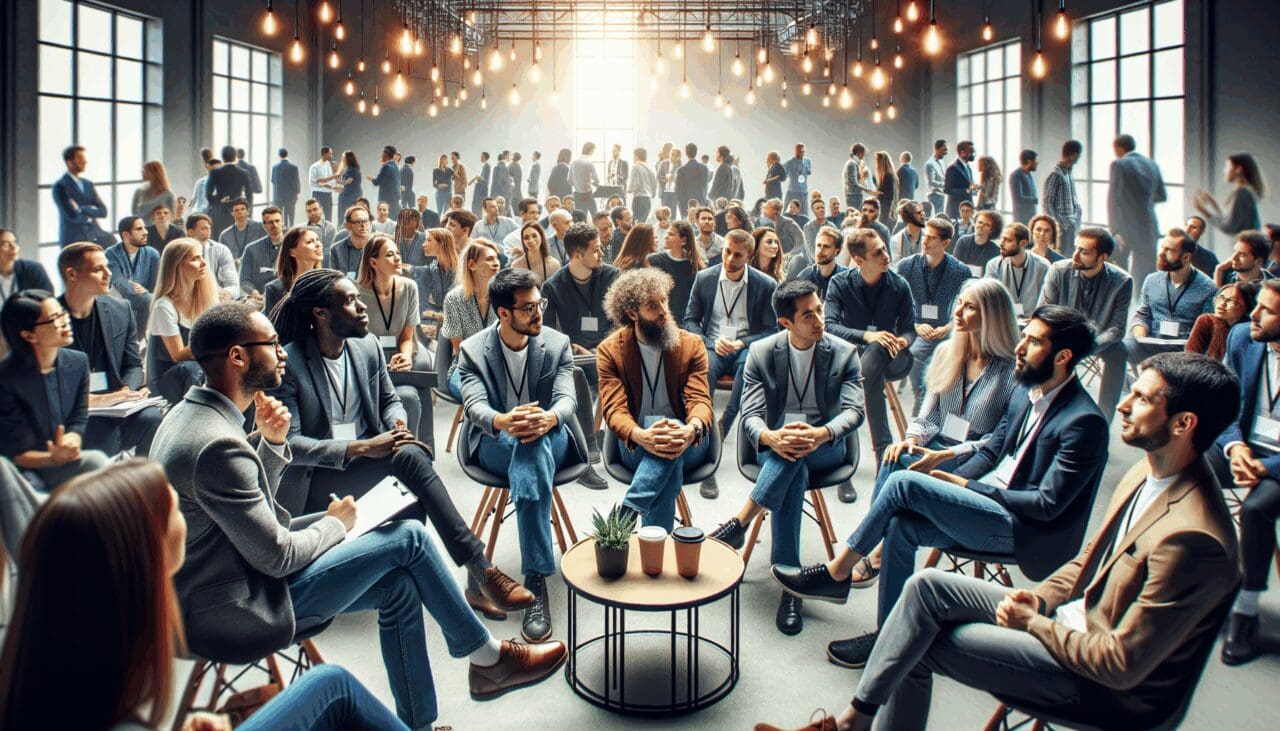 Fotografía de una conferencia de startups con público y emprendedores interactuando en un espacio moderno.