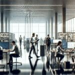 Oficina moderna de tecnología con equipos trabajando en un proyecto.