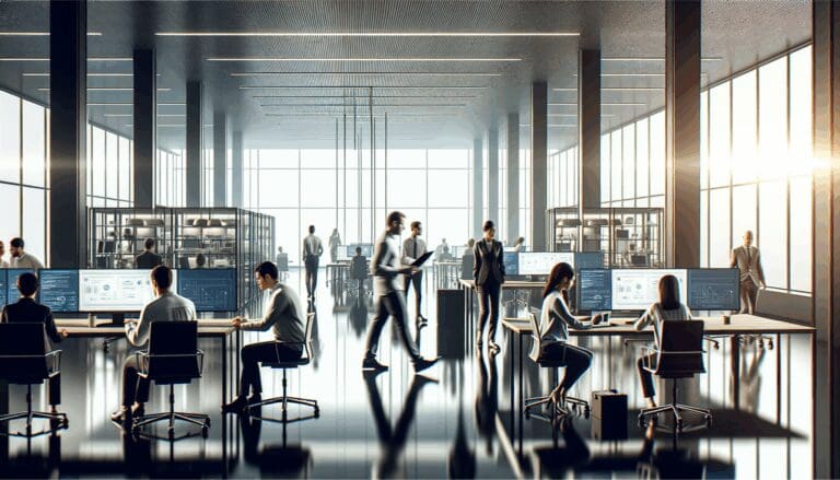 Oficina moderna de tecnología con equipos trabajando en un proyecto.