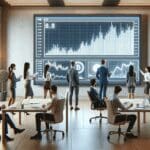 Oficina moderna con jóvenes profesionales analizando gráficos de criptomonedas en una gran pantalla digital.