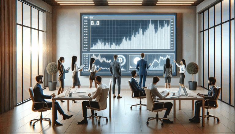 Oficina moderna con jóvenes profesionales analizando gráficos de criptomonedas en una gran pantalla digital.