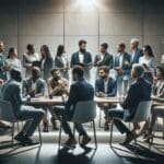 Emprendedores discutiendo en una sala de reuniones moderna