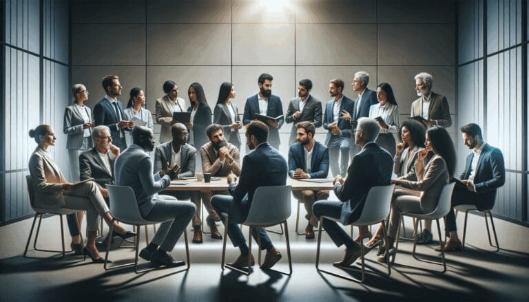 Emprendedores discutiendo en una sala de reuniones moderna