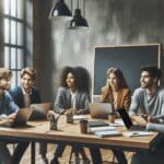 Emprendedores jóvenes colaborando en un coworking moderno, laptops y pizarras visibles.