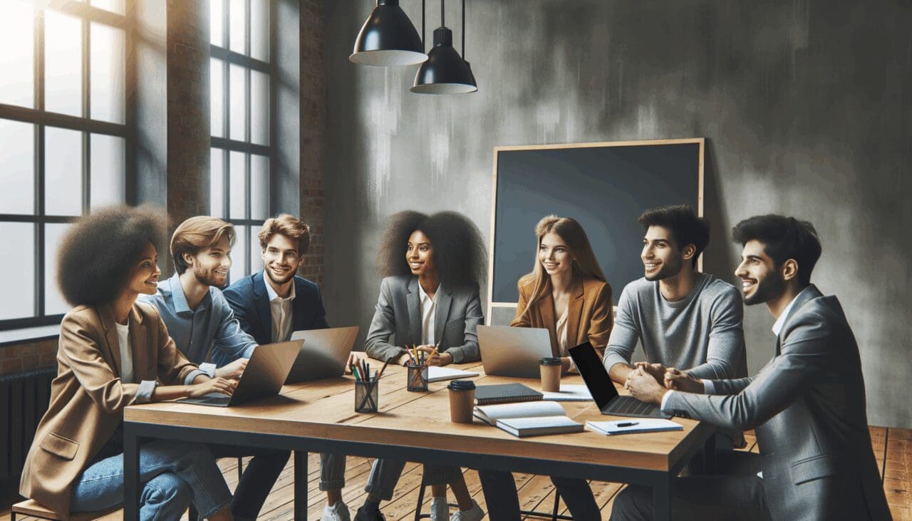 Emprendedores jóvenes colaborando en un coworking moderno, laptops y pizarras visibles.