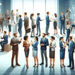 Grupo de emprendedores interactuando con ejecutivos en un espacio de networking moderno y tecnológico.