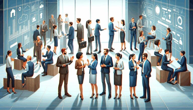 Grupo de emprendedores interactuando con ejecutivos en un espacio de networking moderno y tecnológico.