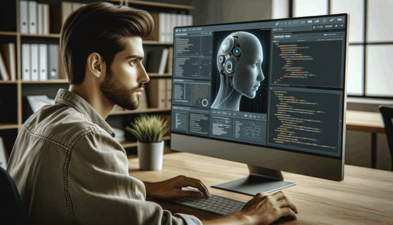 Primer plano de una persona utilizando inteligencia artificial en una computadora en una oficina moderna, con pantallas mostrando guiones y gráficos en un entorno creativo.