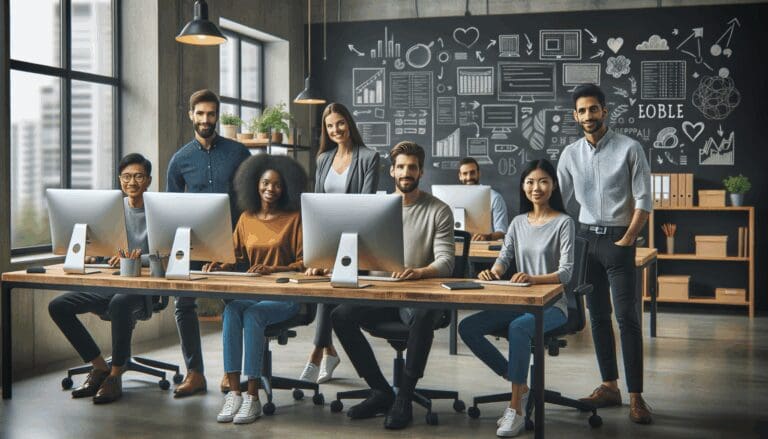 Equipo multicultural trabajando juntos en una oficina moderna de coworking con ordenadores y pizarras.