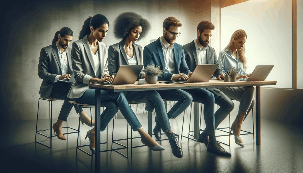 Grupo diverso de desarrolladores tecnológicos colaborando en una oficina moderna con laptops, ambiente dinámico y profesional.