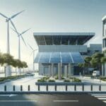 Paneles solares y turbinas eólicas en un entorno urbano moderno, cielo despejado y luz natural.