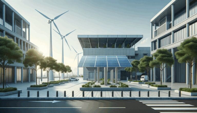 Paneles solares y turbinas eólicas en un entorno urbano moderno, cielo despejado y luz natural.