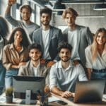 Jóvenes emprendedores trabajando juntos con computadoras en un espacio de coworking moderno.