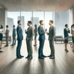 Empresarios e inversionistas conversando en un salón moderno durante un evento tecnológico en Latinoamérica.