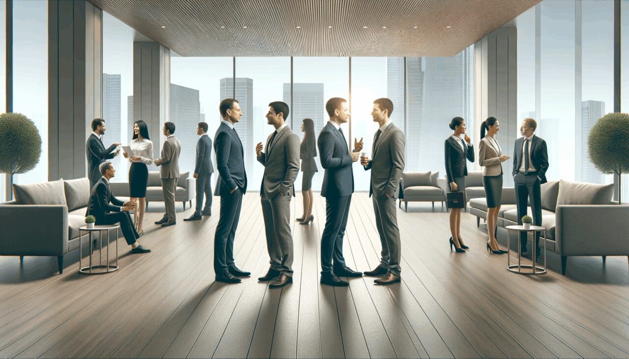 Empresarios e inversionistas conversando en un salón moderno durante un evento tecnológico en Latinoamérica.