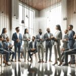 Grupo de emprendedores conversando y presentando ideas en un edificio institucional moderno iluminado.