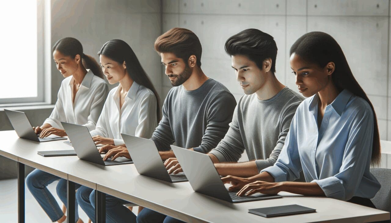 Grupo diverso de emprendedores tecnológicos trabajando en laptops en un espacio moderno y luminoso.
