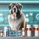 Perro mayor, de raza grande, junto a frascos de medicamentos, en un entorno tecnológico e iluminado.