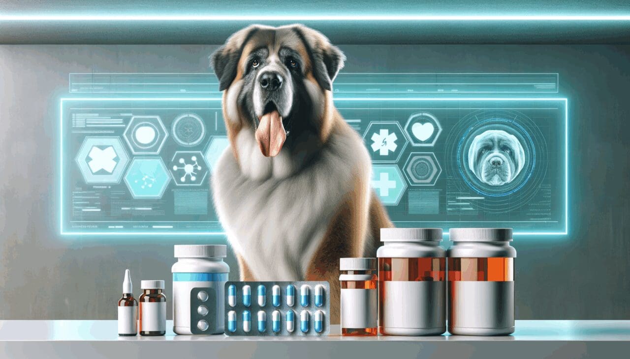 Perro mayor, de raza grande, junto a frascos de medicamentos, en un entorno tecnológico e iluminado.