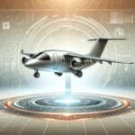 Ilustración digital de un pequeño avión híbrido sobre un fondo tecnológico futurista.