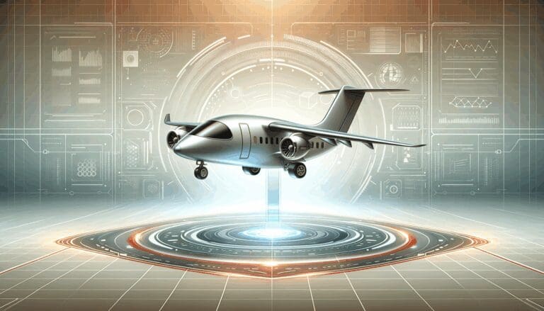 Ilustración digital de un pequeño avión híbrido sobre un fondo tecnológico futurista.