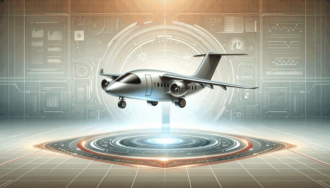 Ilustración digital de un pequeño avión híbrido sobre un fondo tecnológico futurista.