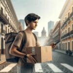 Persona joven con mochila entregando un paquete en una ciudad latinoamericana, ambiente urbano moderno de día.