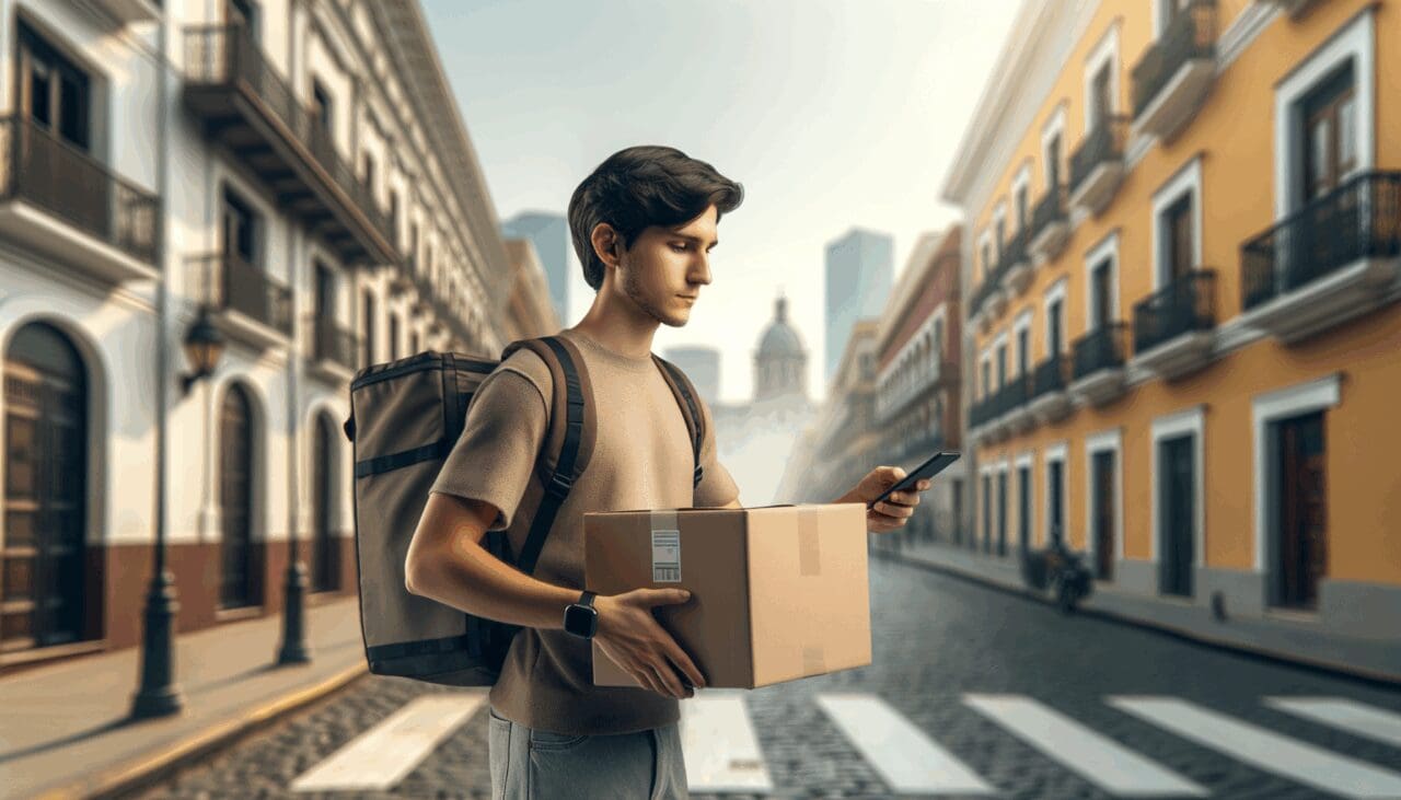 Persona joven con mochila entregando un paquete en una ciudad latinoamericana, ambiente urbano moderno de día.