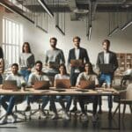 Grupo de emprendedores en un espacio de coworking colaborativo, laptops abiertas y ambiente de trabajo moderno.