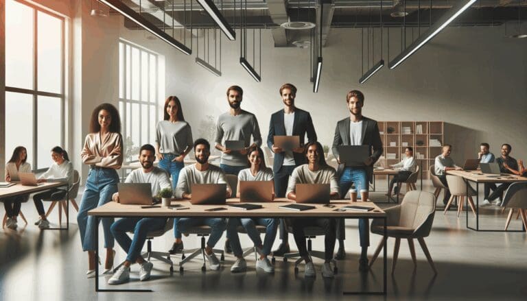 Grupo de emprendedores en un espacio de coworking colaborativo, laptops abiertas y ambiente de trabajo moderno.