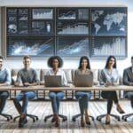 Equipo internacional trabajando sobre pantallas con gráficos digitales en una oficina moderna y luminosa.