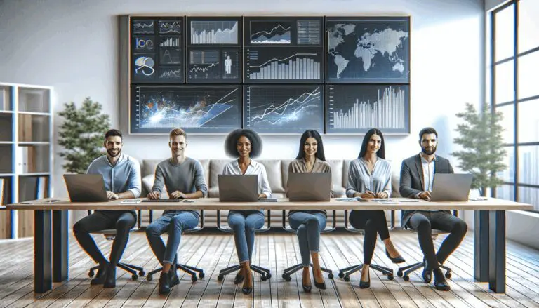Equipo internacional trabajando sobre pantallas con gráficos digitales en una oficina moderna y luminosa.