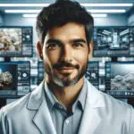 Retrato profesional de un científico latinoamericano en laboratorio tecnológico, rodeado de pantallas y muestras minerales.