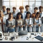 Grupo diverso de jóvenes ingenieros y científicos reunidos en laboratorio moderno con tablets y equipos médicos, luz natural y ambiente colaborativo.