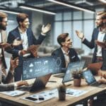 Emprendedores colaborando en una sala de reuniones moderna con dispositivos tecnológicos.