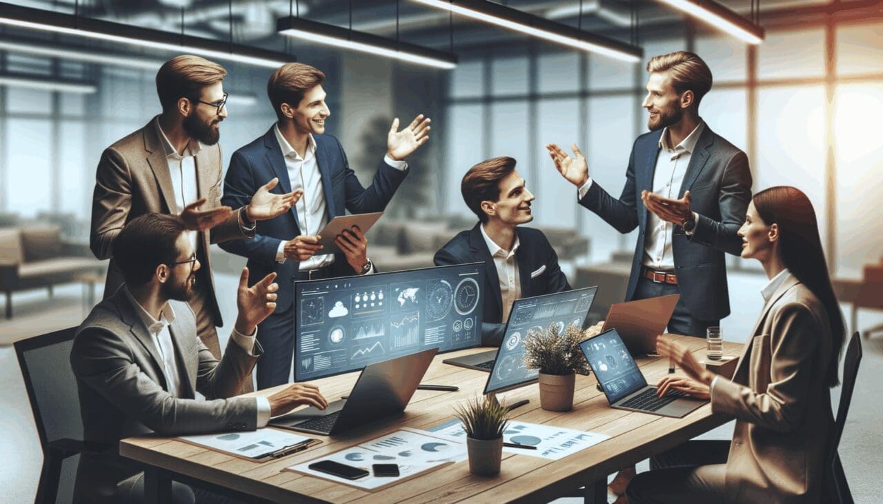 Emprendedores colaborando en una sala de reuniones moderna con dispositivos tecnológicos.