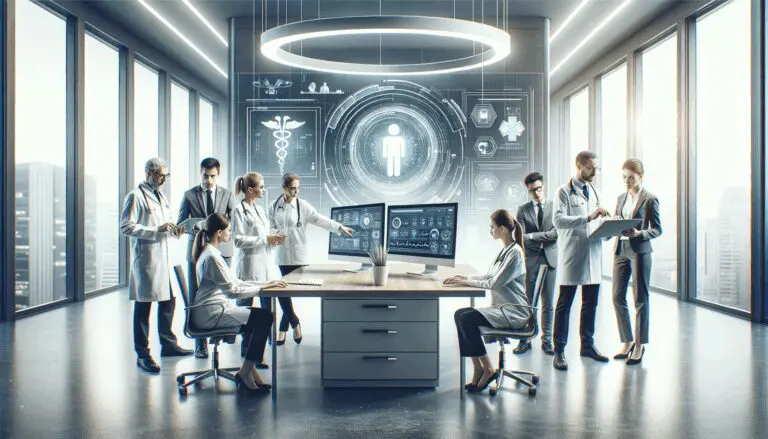 Equipo interdisciplinario en oficina moderna, colaborando con tecnología médica digital al centro.