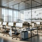 Oficinas modernas con equipos colaborando frente a pantallas digitales, ambiente de startup latinoamericana.