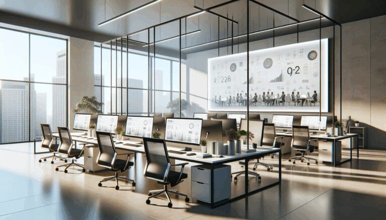 Oficinas modernas con equipos colaborando frente a pantallas digitales, ambiente de startup latinoamericana.