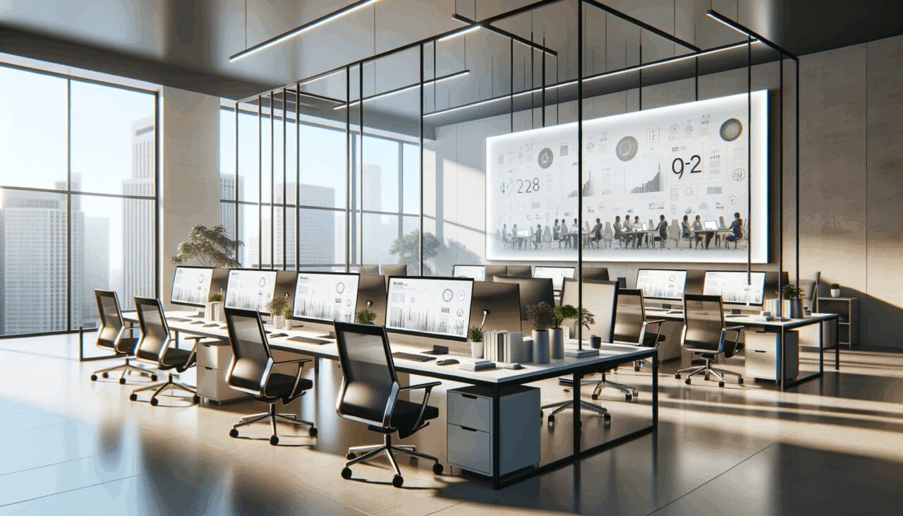 Oficinas modernas con equipos colaborando frente a pantallas digitales, ambiente de startup latinoamericana.